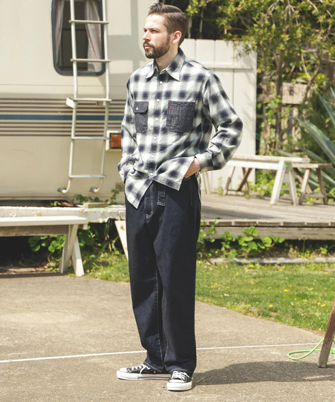 MR.OLIVE / RINSE WASH 12oz CRUNCH DEINIM / WIDE TAPERED BELTED JEANS / ミスターオリーブ リンスウォッシュ 12オンス クランチデニム / ワイドテーパード ベルト付きジーンズ